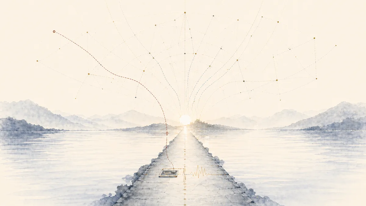 A watercolor causeway crosses open water toward a bright horizon.