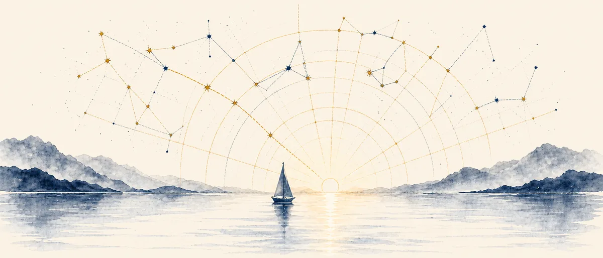 A sailboat crossing calm water beneath a gold constellation route at sunset.