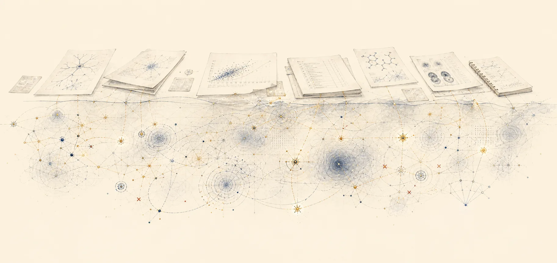 An editorial study of notebooks, diagrams, and papers held above a connected scientific landscape.